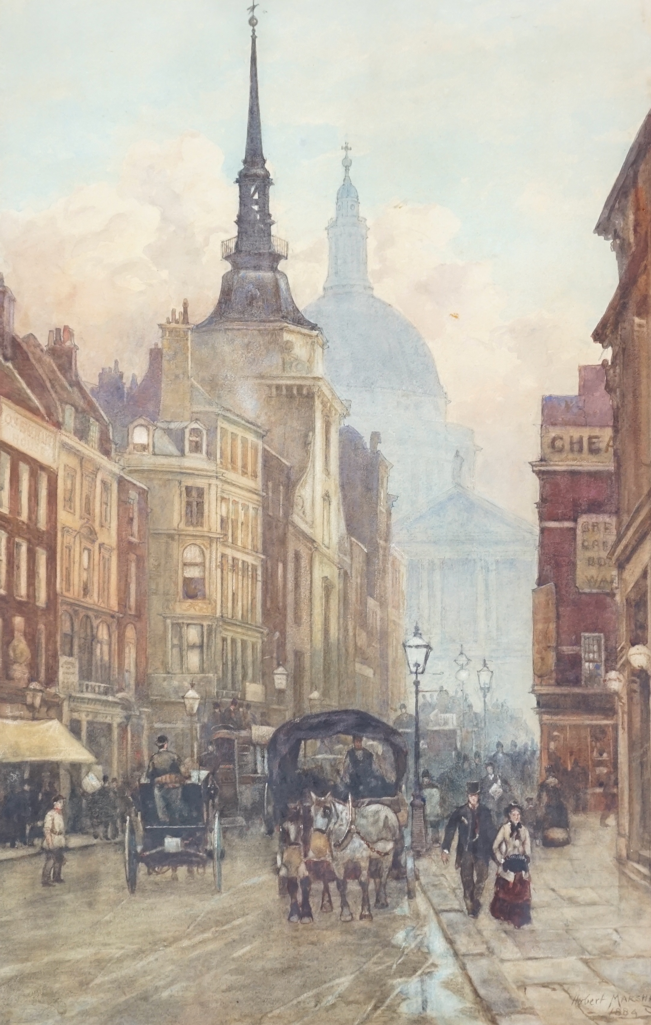 Herbert Marshall (1841-1913), The Tower from the Thames and two London street scenes, watercolours (3), 38 x 56cm and 56 x 36cm